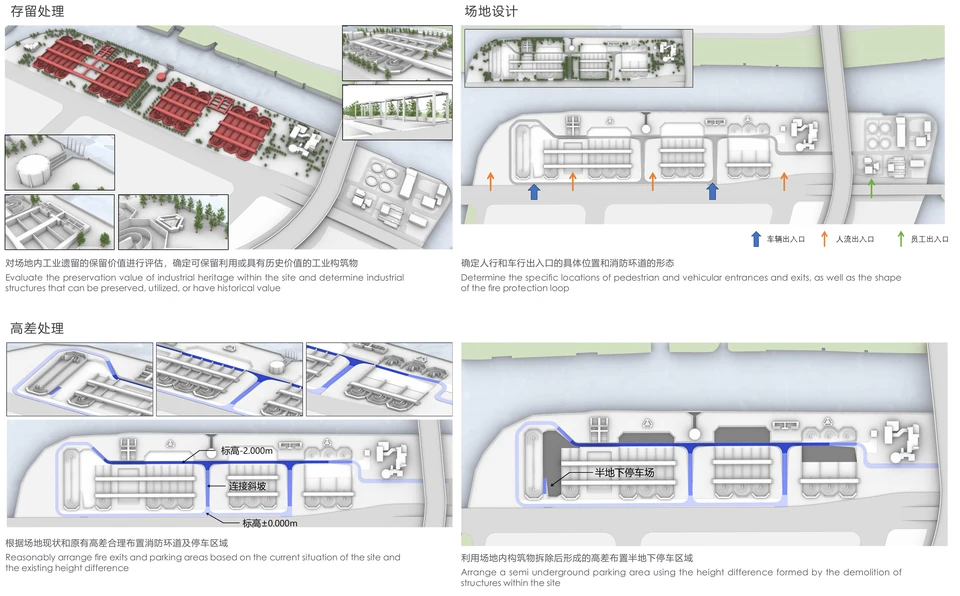 工业遗构保留与高差处理 / Industrial heritage retention and level changes