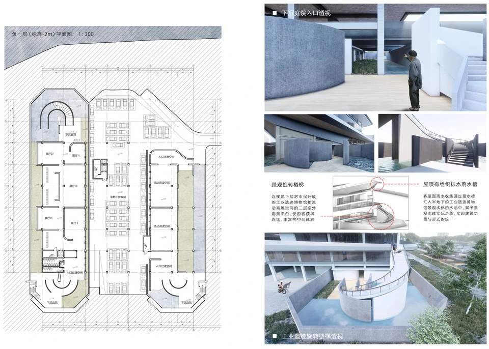 博物馆负一层平面与下沉庭院 / Museum basement plan and sunken courtyards