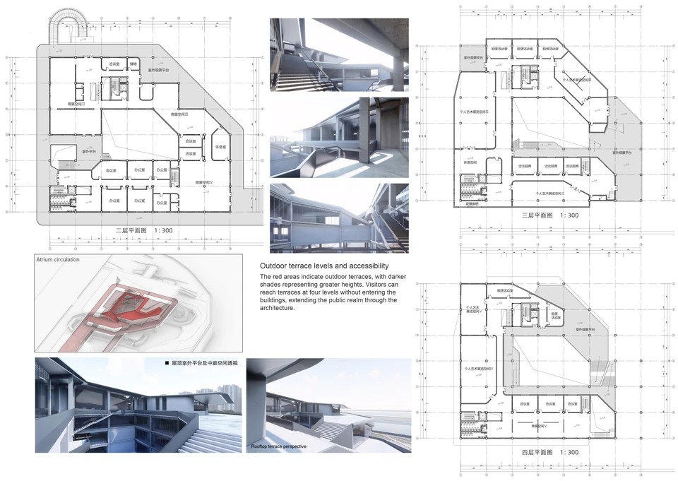 博物馆上层平面与室外平台 / Museum upper levels and outdoor terraces