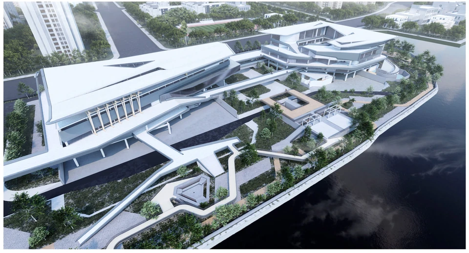 水岸建筑与公共景观鸟瞰 / Aerial view of the waterfront buildings and landscape