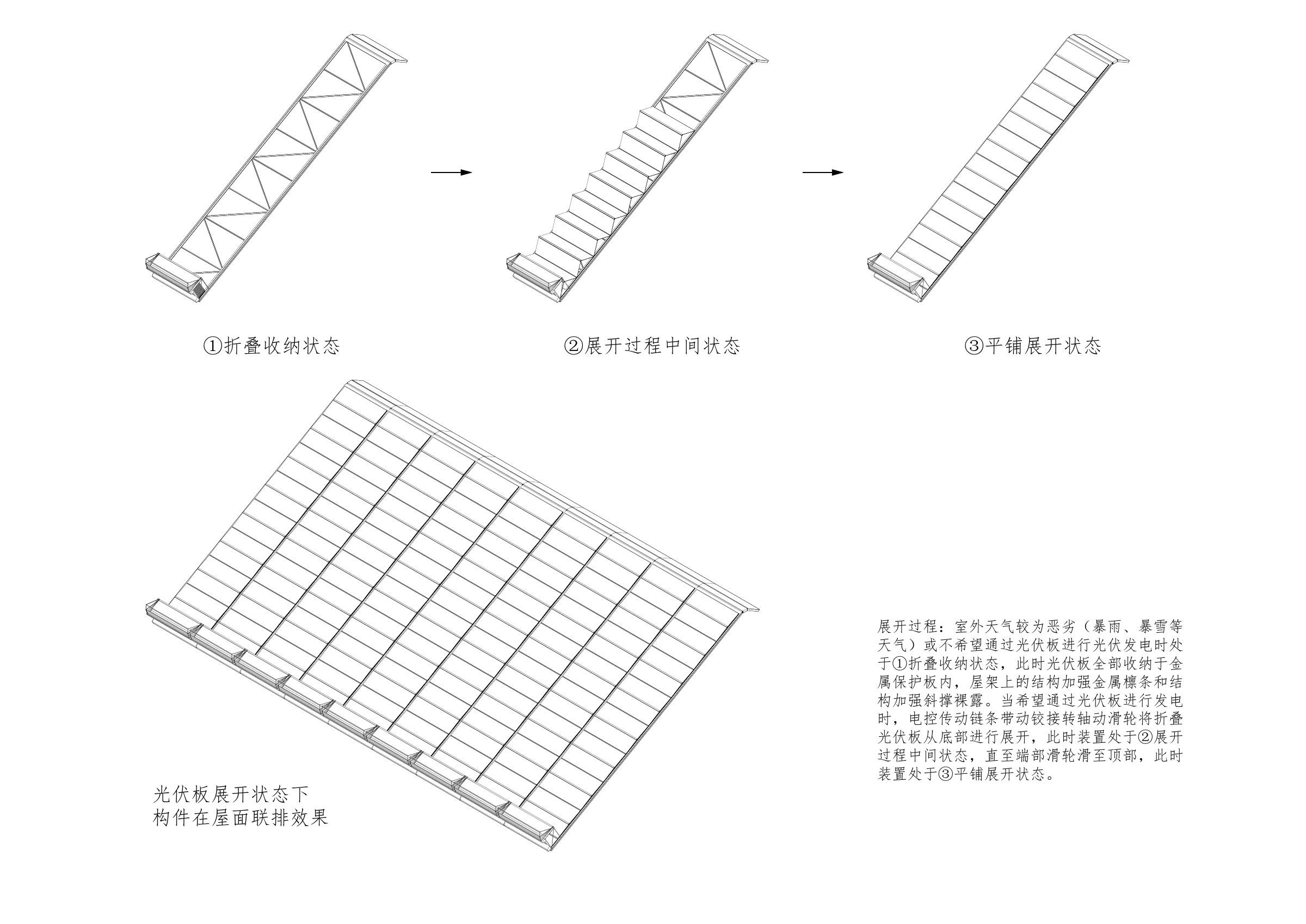 坡屋面光伏装置的展开过程与联排布置，原始设计图 / Deployment sequence and side-by-side arrangement on a sloped roof, original design drawing