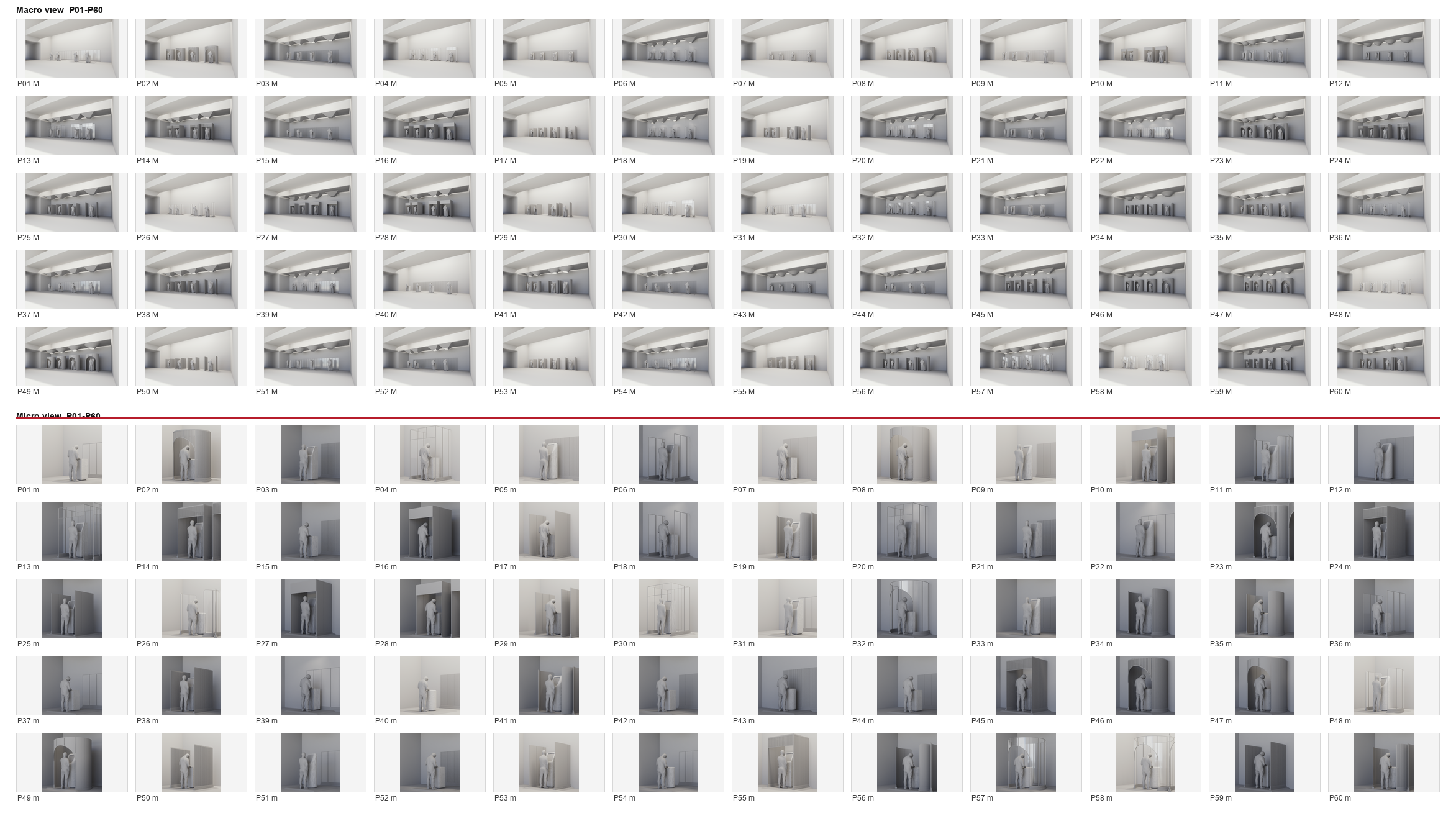 60 个方案的整体与近景灰模刺激物,共 120 张 / 120 overall and close-up clay-render stimuli across 60 alternatives